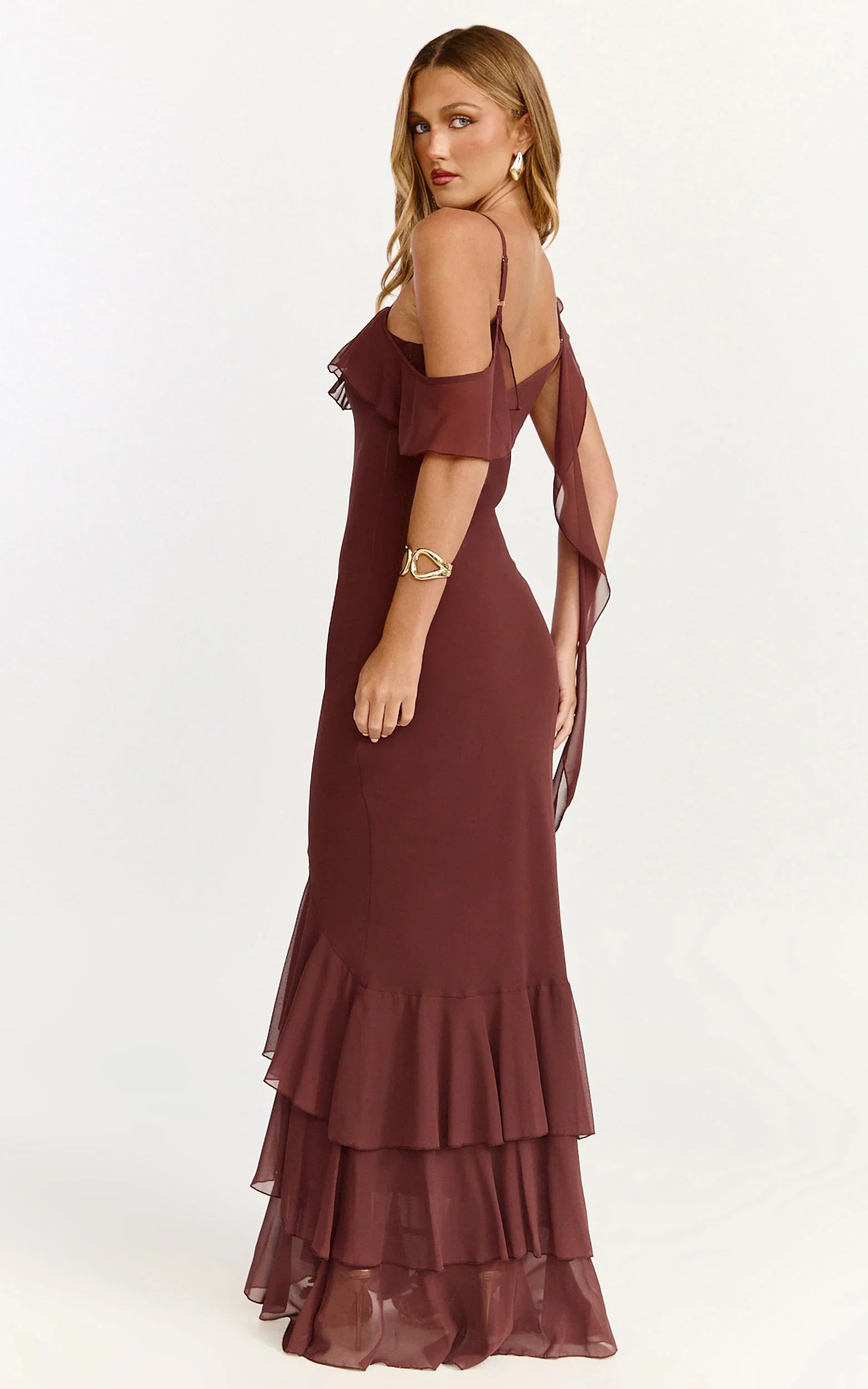 Riley Maxi Dress - Asymmetric Ruffle Detail Maxi Dress in Chocolate