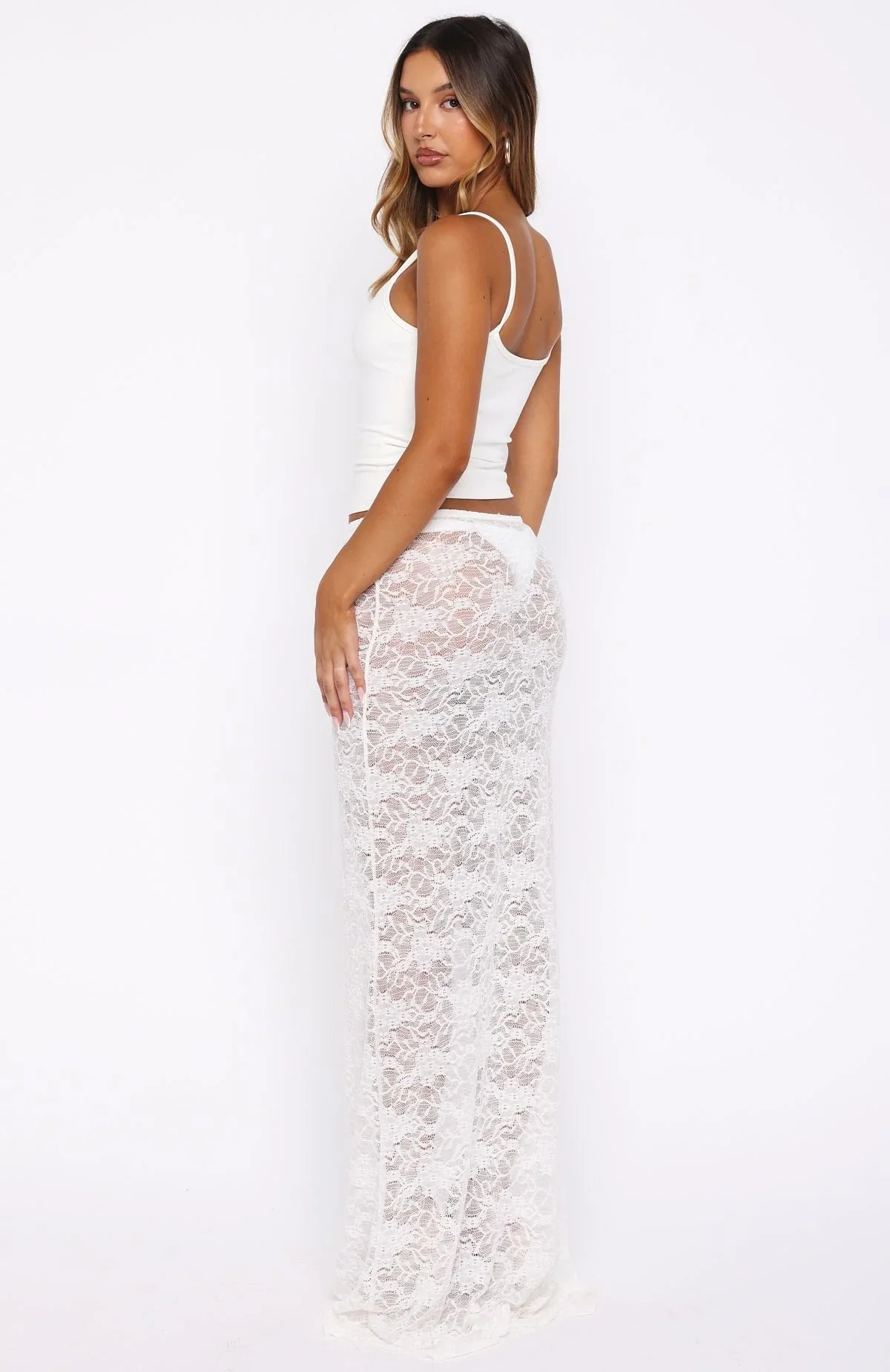Soft Glow Lace Maxi Skirt Off White