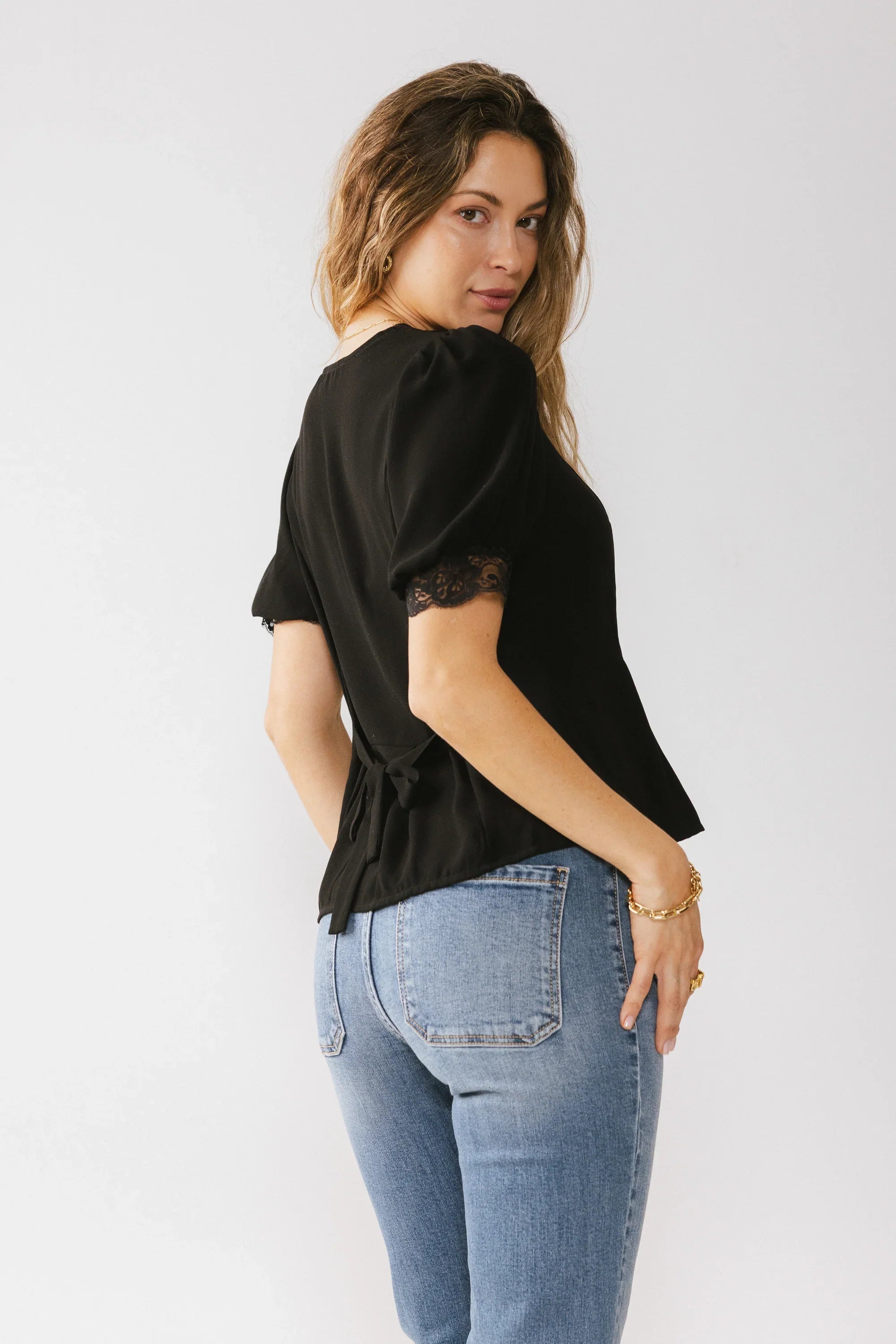 Angie Lace Trim Blouse in Black