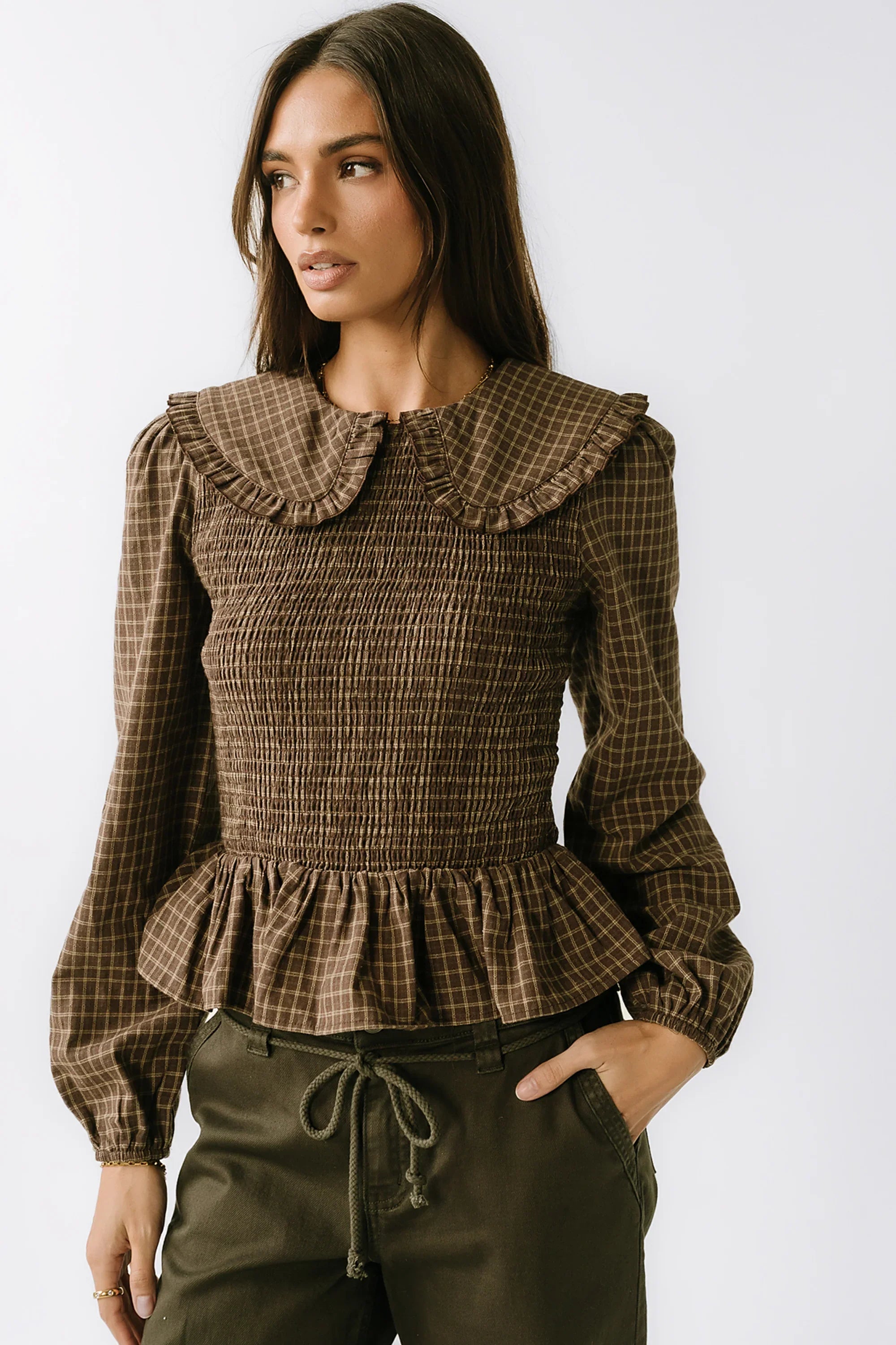 Kristy Smocked Blouse in Brown